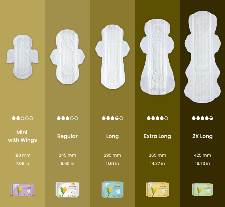 Close-up product photography of uNeat sanitary pads in various sizes. Each pad displays its absorbency level, size name, size dimensions in millimeters (mm) and inches (in), alongside a corresponding image of the actual sanitary pad.