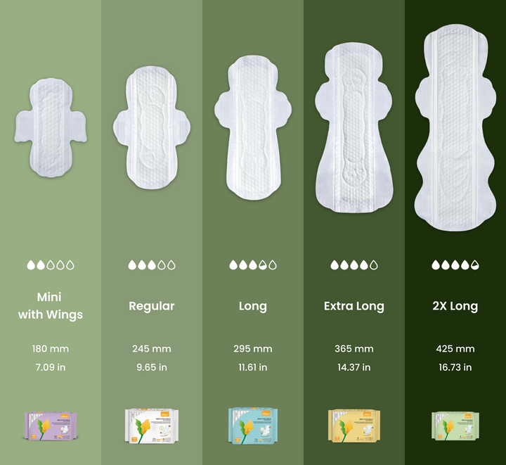 Close-up product photography of uNeat sanitary pads in various sizes. Each pad displays its absorbency level, size name, size dimensions in millimeters (mm) and inches (in), alongside a corresponding image of the actual sanitary pad.